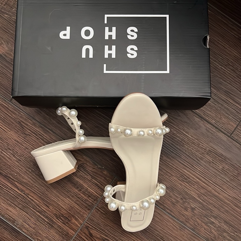 White pearl heeled sandals